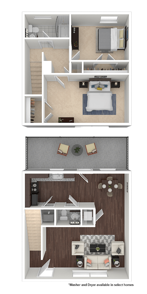 Floor plan for 2 beds, 2 baths, 980 sqft